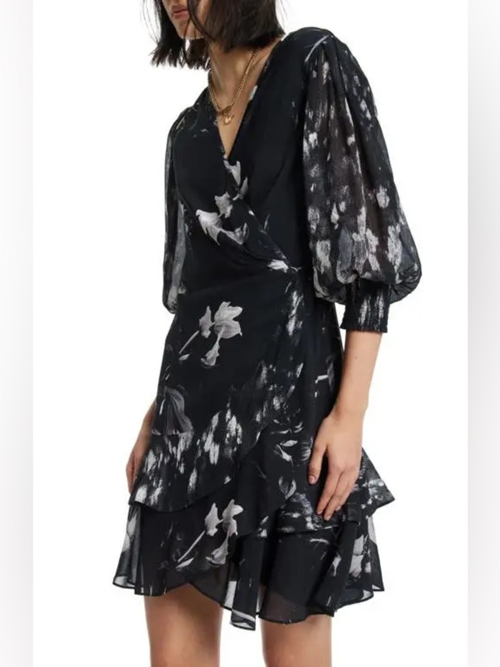 AllSaints Ari Pauline Floral Faux Wrap Chiffon Mini Dress Black Grey 10 - Picture 5 of 16